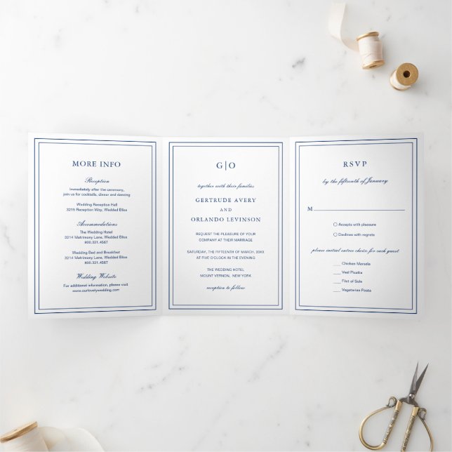 Invitation Trois Volets Mariage élégant bleu de la marine classique (Intérieur)