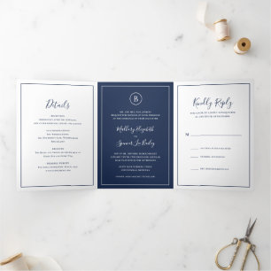 Invitation Trois Volets Mariage élégant bleu de la marine traditionnelle