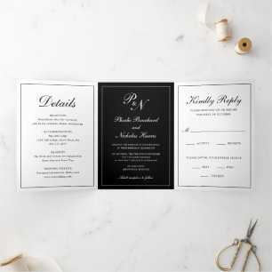 Invitation Trois Volets Mariage Élégant Classique Noir