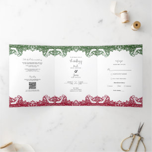 Invitation Trois Volets Mariage élégant de fête Green & Red Lace