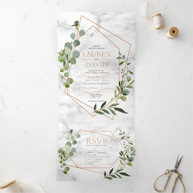 Invitation Trois Volets Mariage élégant en marbre géométrique de cuivre Eu (Intérieur)