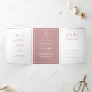 Invitation Trois Volets Mariage élégant et classique, Rose rose et poussié