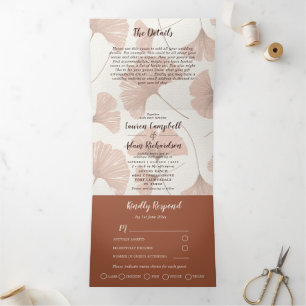 Invitation Trois Volets Mariage Élégant Feuillage de Ginkgo Terracotta 