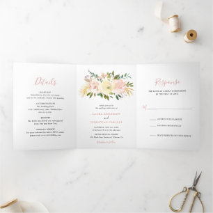 Invitation Trois Volets Mariage Élégant Fleurs Rose Tendré