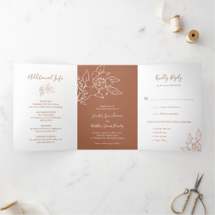 Invitation Trois Volets Mariage Élégant Floral en Ligne en Terre Cuite