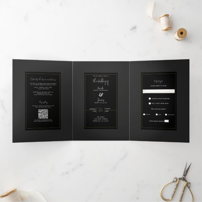 Invitation Trois Volets Mariage Élégant Minimaliste Moderne Gris Noir Or (Intérieur)