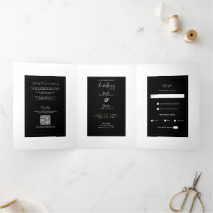 Invitation Trois Volets Mariage Élégant Minimaliste Moderne Noir Blanc Or