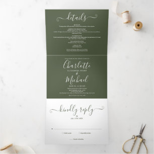 Invitation Trois Volets Mariage élégant moderne Olive Green Photo Script