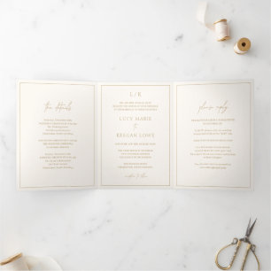 Invitation Trois Volets Mariage Élégant Monogramme Ivoire et Or Intemporel