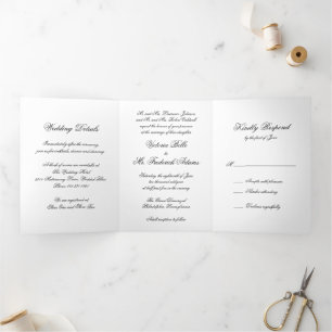 Invitation Trois Volets Mariage Élégant Noir et Blanc Calligraphié Formel