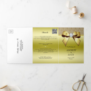 Invitation Trois Volets Mariage élégant or bijou gemme arc QR Code