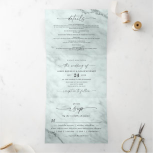 Invitation Trois Volets Mariage Élégant Pluie Marbre Métallisé Vert Poussi