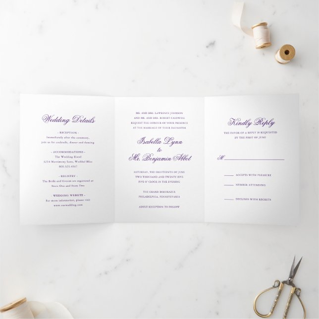 Invitation Trois Volets Mariage élégant traditionnel violet (Intérieur)