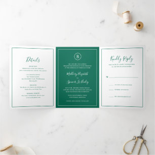 Invitation Trois Volets Mariage Élégant Vert Émeraude Traditionnel