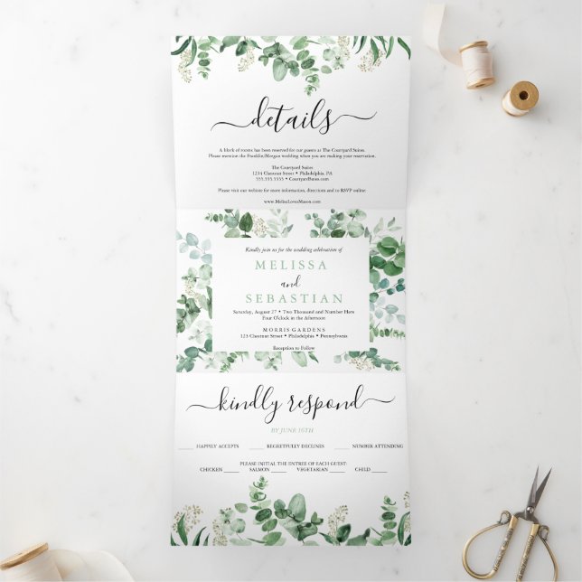 Invitation Trois Volets mariage élégant vert eucalyptus triptyque invitati (Intérieur)