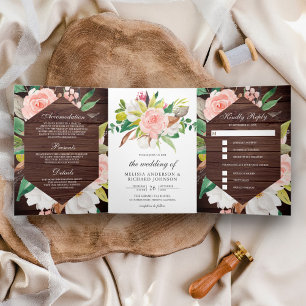 Invitation Trois Volets Mariage en bois de grange avec fleurs de magnolia 