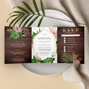 Invitation Trois Volets Mariage en Bois Floral Rose Doré Tropical Sauvage
