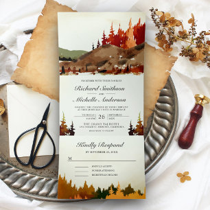 Invitation Trois Volets Mariage en forêt automnale rustique en montagne