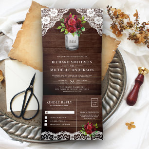 Invitation Trois Volets Mariage en pot Mason en bois rustique floral borde