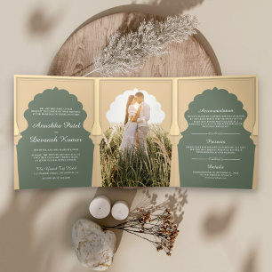 Invitation Trois Volets Mariage ethnique Boho indien ivoire vert sauge arc