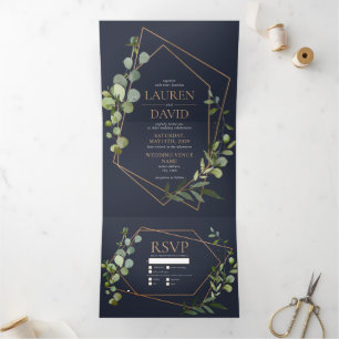 Invitation Trois Volets Mariage Eucalyptus Bleu Géométrique Cuivre Élégant