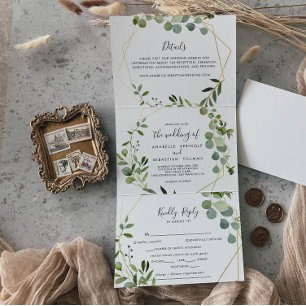 Invitation Trois Volets Mariage Eucalyptus Géométrique Vert Or