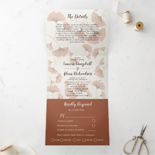 Invitation Trois Volets Mariage Feuillage Ginkgo Terracotta Rustique 