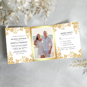 Invitation Trois Volets Mariage Feuille de la floraison de White and Gold 