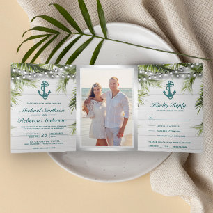 Invitation Trois Volets Mariage Feuilles de Palmier en Bois Blanchi Ancre
