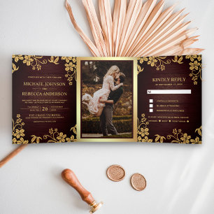 Invitation Trois Volets Mariage Feuilles Florales en Bois Rustique et Feui