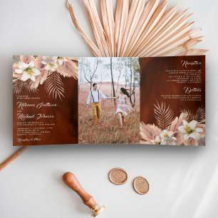 Invitation Trois Volets Mariage Fleur de Lys Floral Palmier Pampas Orange