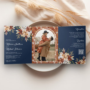 Invitation Trois Volets Mariage Fleur de Terracotta Bleu Nuit