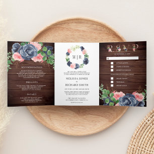 Invitation Trois Volets Mariage Fleuris Bois de Grange Bleu Nuit et Rose P