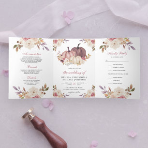 Invitation Trois Volets Mariage Fleurs Rose Poussiéreuse et Citrouille et