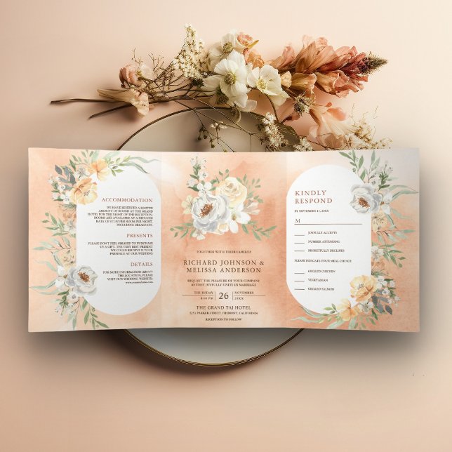 Invitation Trois Volets Mariage Floral à l'aquarelle Douce et Rustique Ter (Créateur téléchargé)