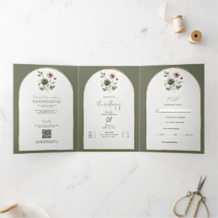 Invitation Trois Volets Mariage floral aquarelle poussiéreux olive et or