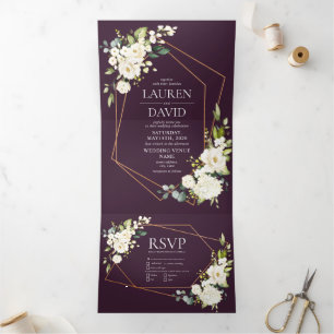 Invitation Trois Volets Mariage floral blanc blanc de prune géométrique en