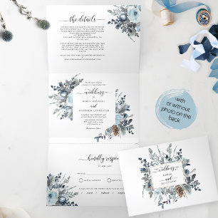 Invitation Trois Volets Mariage floral bleu avec RSVP tout en un