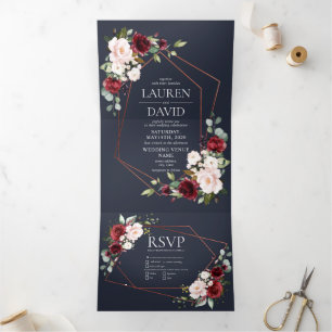 Invitation Trois Volets Mariage floral bleu bleu cuivre