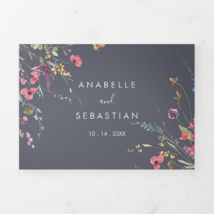 Invitation Trois Volets Mariage floral bleu classique