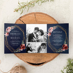 Invitation Trois Volets Mariage Floral Bleu Marine Rose Bourgeon Bourgogne