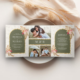 Invitation Trois Volets Mariage Floral Bohème Terrien Vert Sauge Pampas