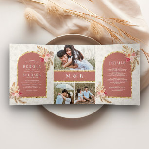 Invitation Trois Volets Mariage Floral Boho Pampas Cannelle Rose Terreux