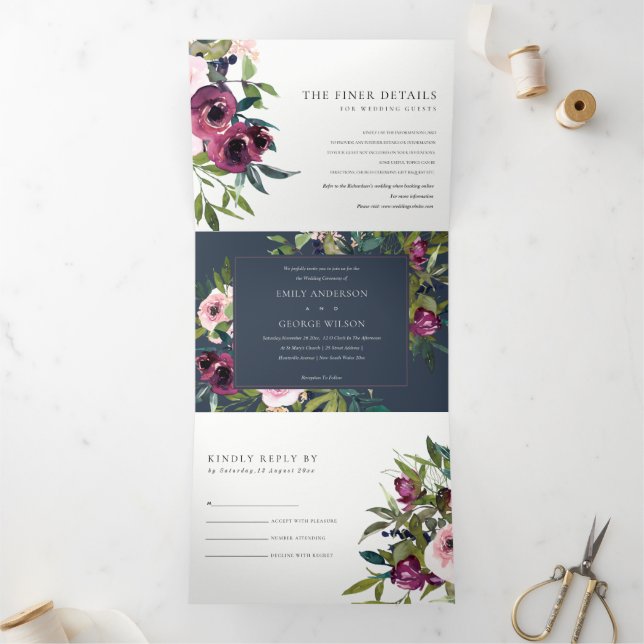 INVITATION TROIS VOLETS MARIAGE FLORAL BURGUNDY BUNCH BUNCH BURGUNDY BRILL (Intérieur)