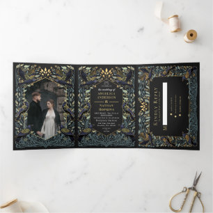 Invitation Trois Volets Mariage floral corbeau gothique enchanté