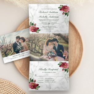 Invitation Trois Volets Mariage Floral de Hortensia Rose Rustique en Marbr