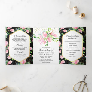 Invitation Trois Volets Mariage Floral de Printemps au Magnolia Rose Noir