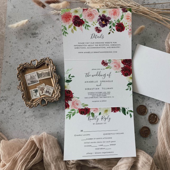 Invitation Trois Volets Mariage floral de printemps rose de Bourgogne (Créateur téléchargé)