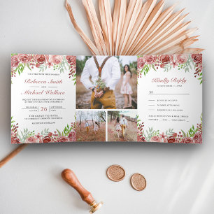 Invitation Trois Volets Mariage Floral de Rose à la Cannelle Rustique en C