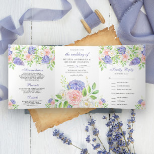 Invitation Trois Volets Mariage floral de roses roses et d'hortensias viol